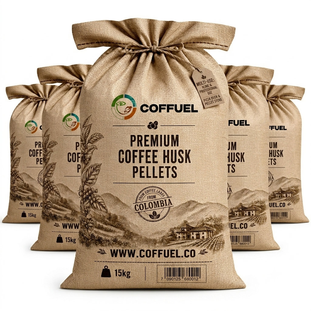 Multiple bags of COFFUEL Coffee Husk Pellets on a white background
